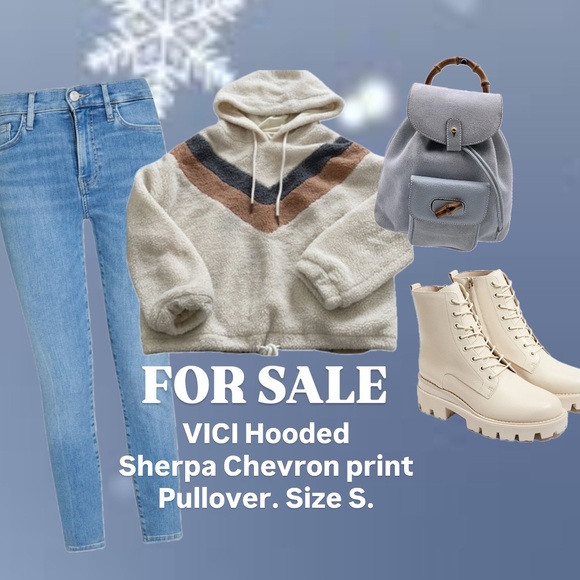 VICI Hooded Sherpa Chevron print Pullover. Size S. Cream / Tan / Gray - Picture 1 of 14